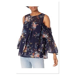 Lucky Brand Floral Print Cold Shoulder Blouse Sz 2X Polyester Blue